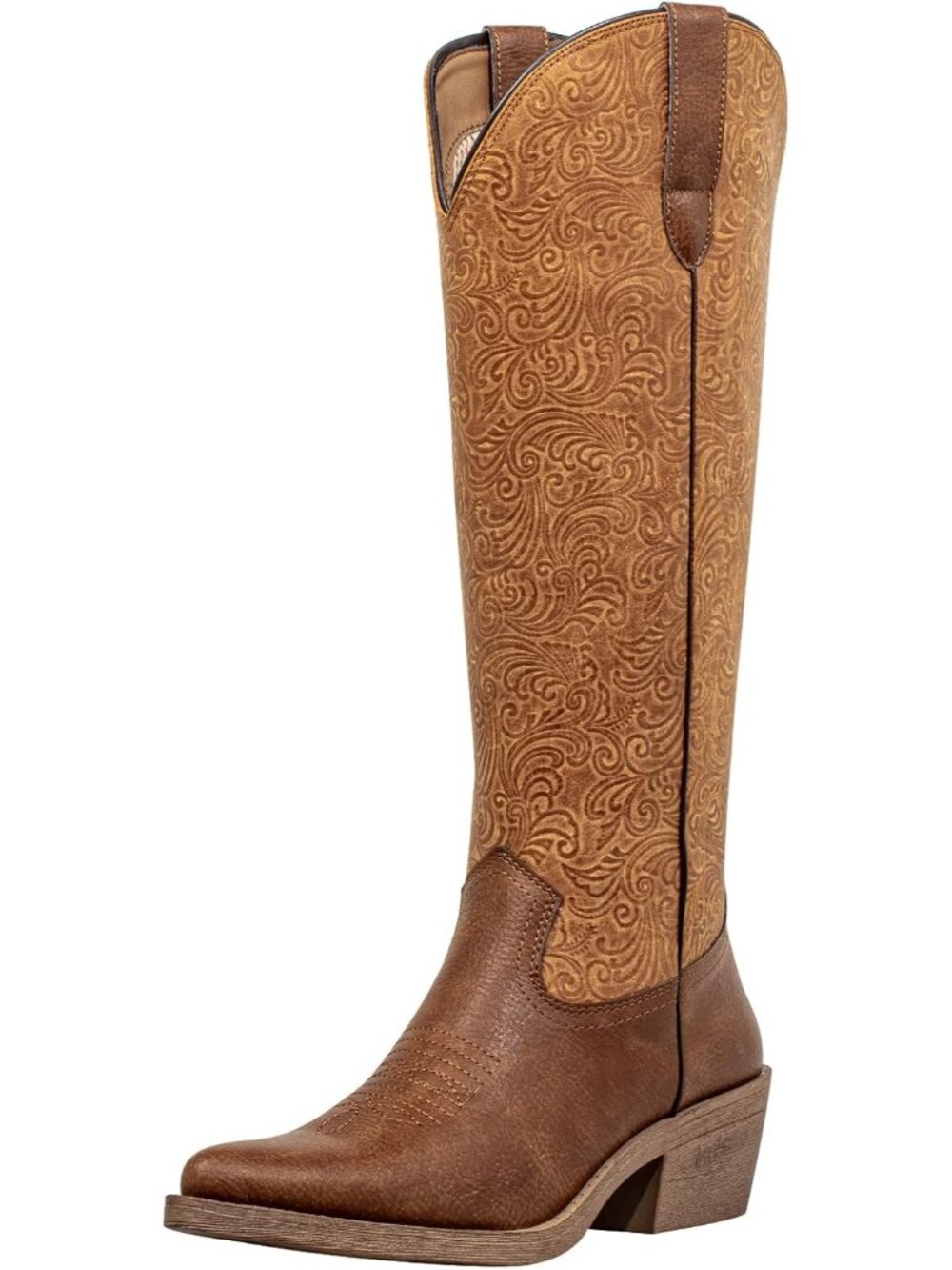 Women’s Brown Pearl Cowboy Boots Pointed Toe Knee High Western Embossed Boots